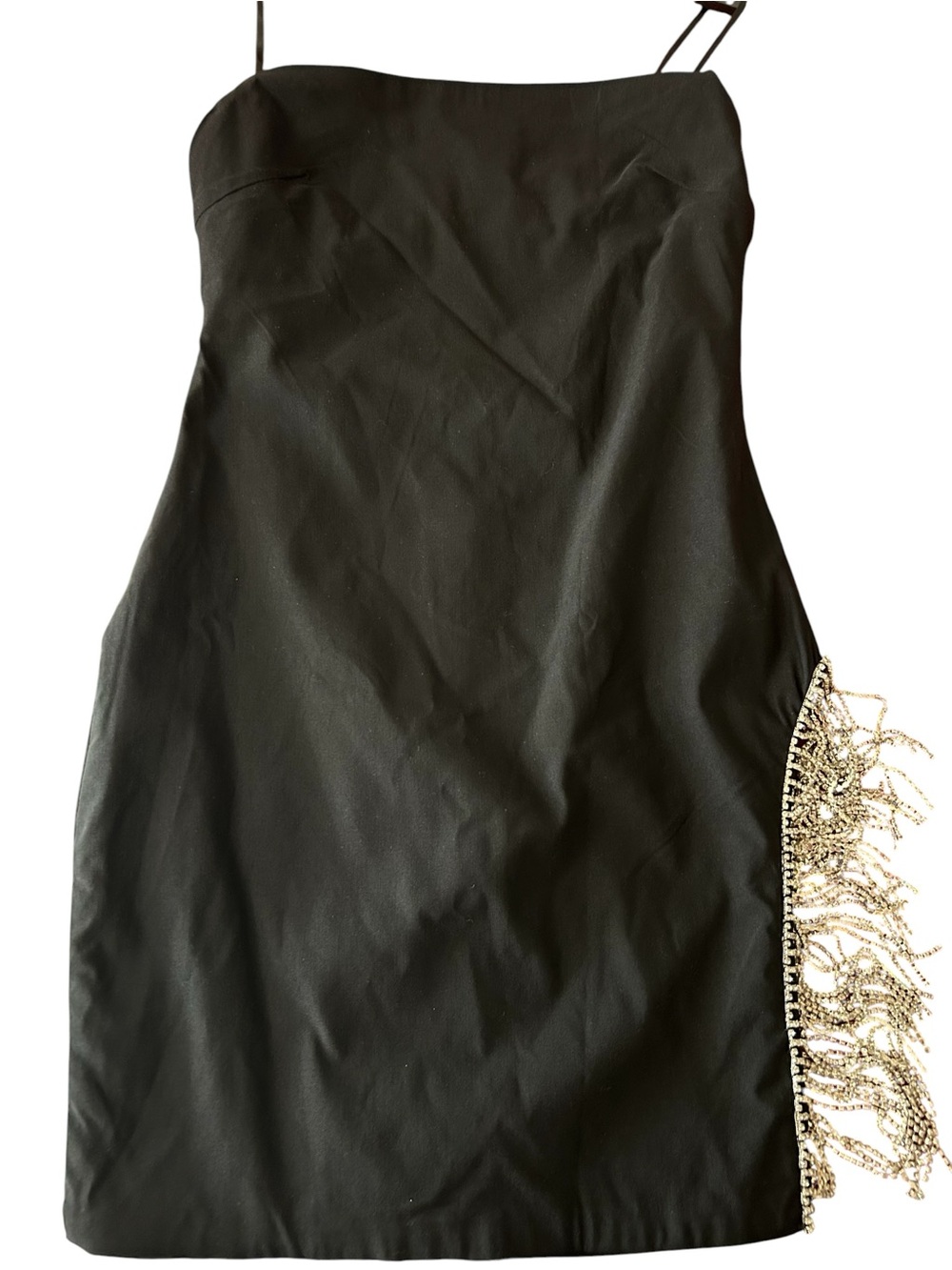 White Fox Boutique Black Mini Dress with Gold Fringe Detail NWT